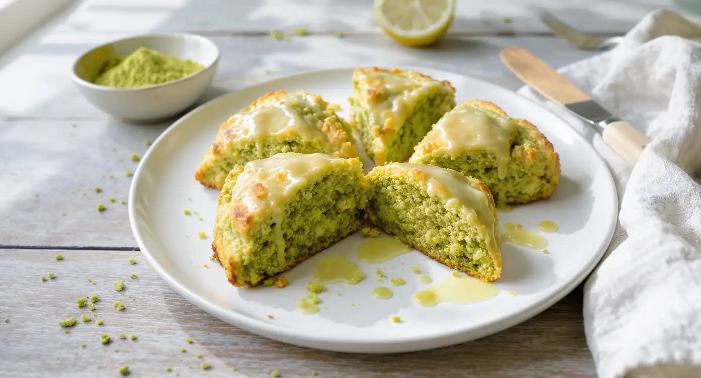 Freshly baked matcha scones with lemon glaze on a white plate, styled with matcha powder and lemon