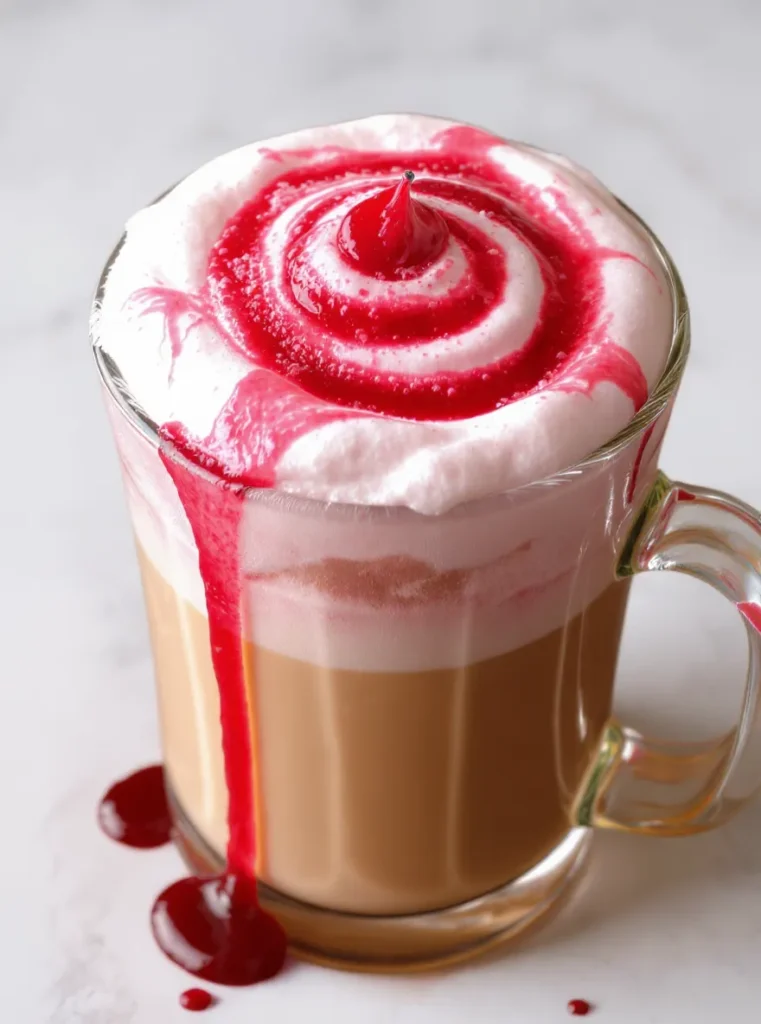 Iced cherry chai latte topped with cherry cold foam and dripping cherry syrup in a glass mug