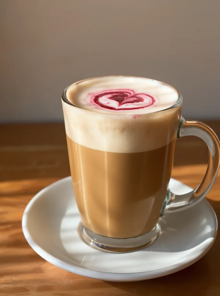 Glass mug of iced cherry chai latte with creamy foam and cherry heart art on top