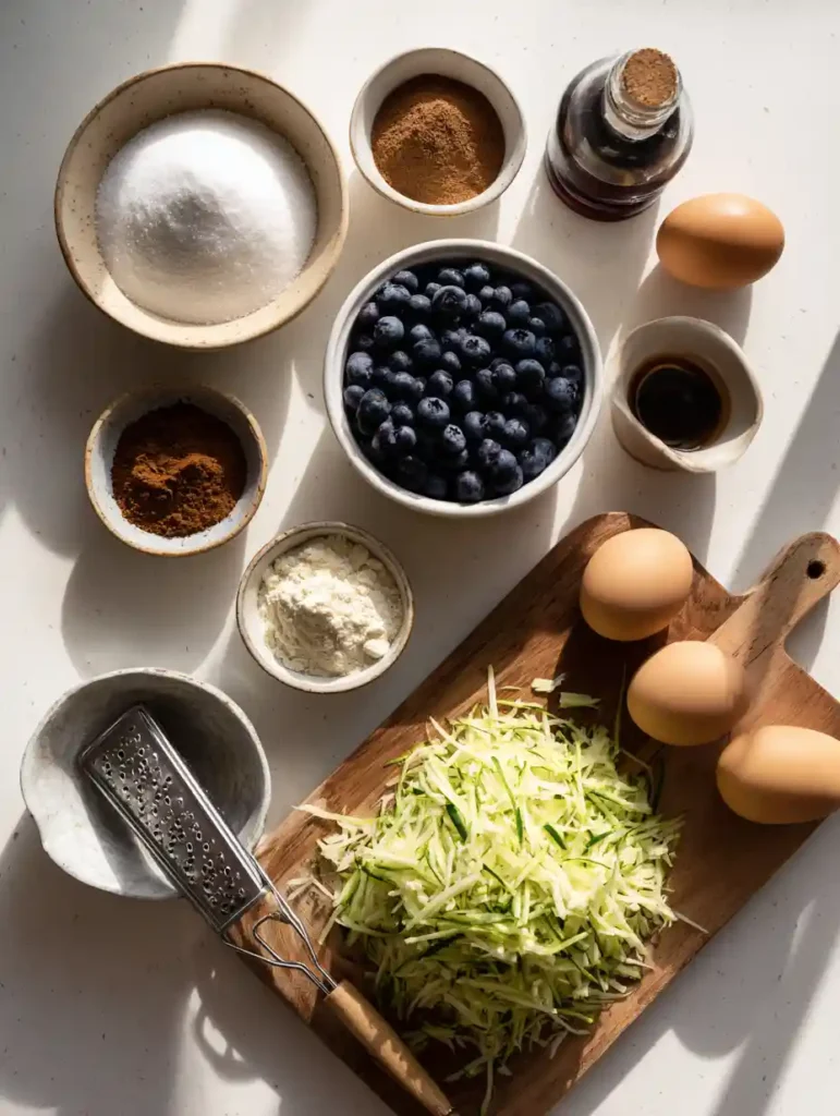 Ingredients for blueberry zucchini bread including eggs, sugar, blueberries, and shredded zucchini