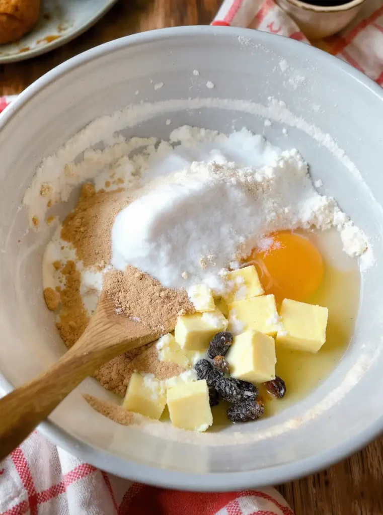 Mixing bowl with butter, egg, raisins, and dry ingredients for soda bread