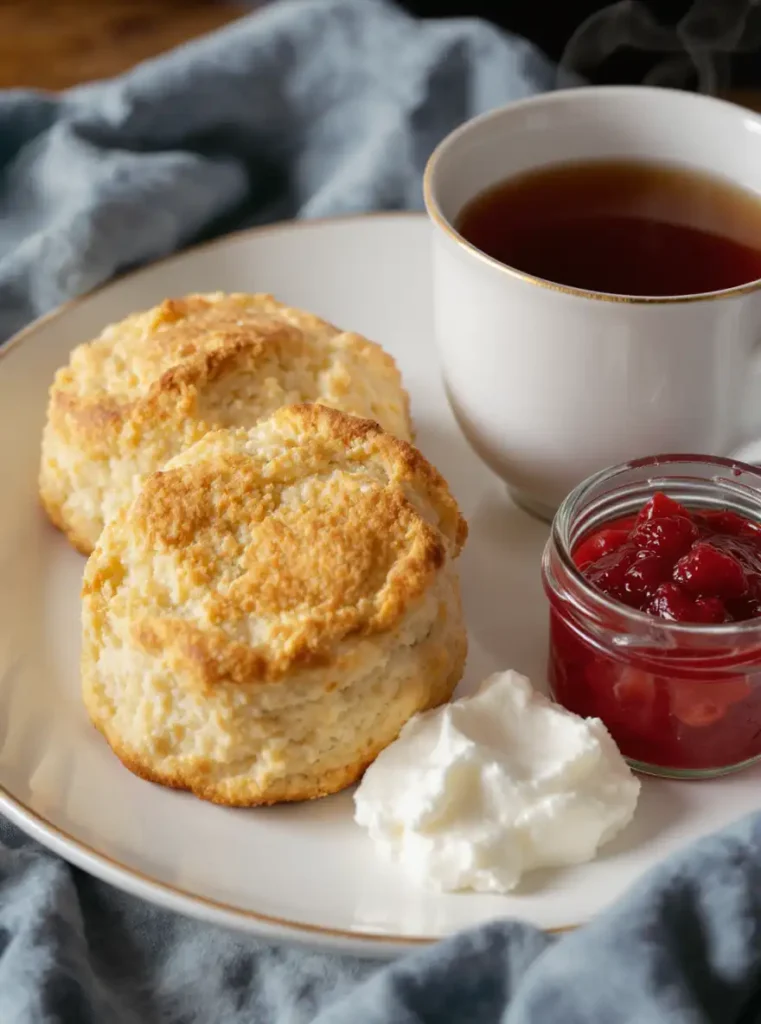 Irish soda bread scones served with clotted cream, jam, and black tea