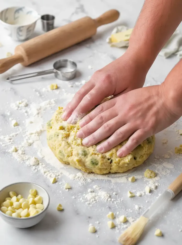 Hands kneading matcha scone dough with white chocolate chips on a floured surface