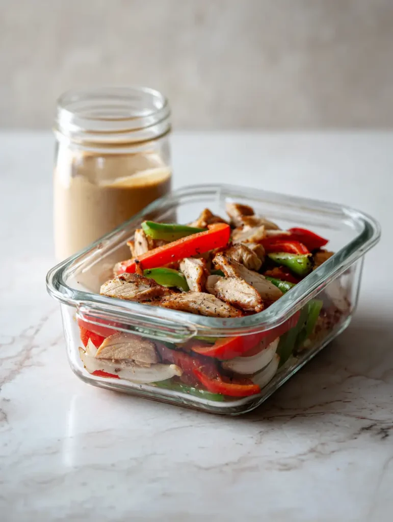 leftover chicken shawarma stored in a glass container with tahini jar