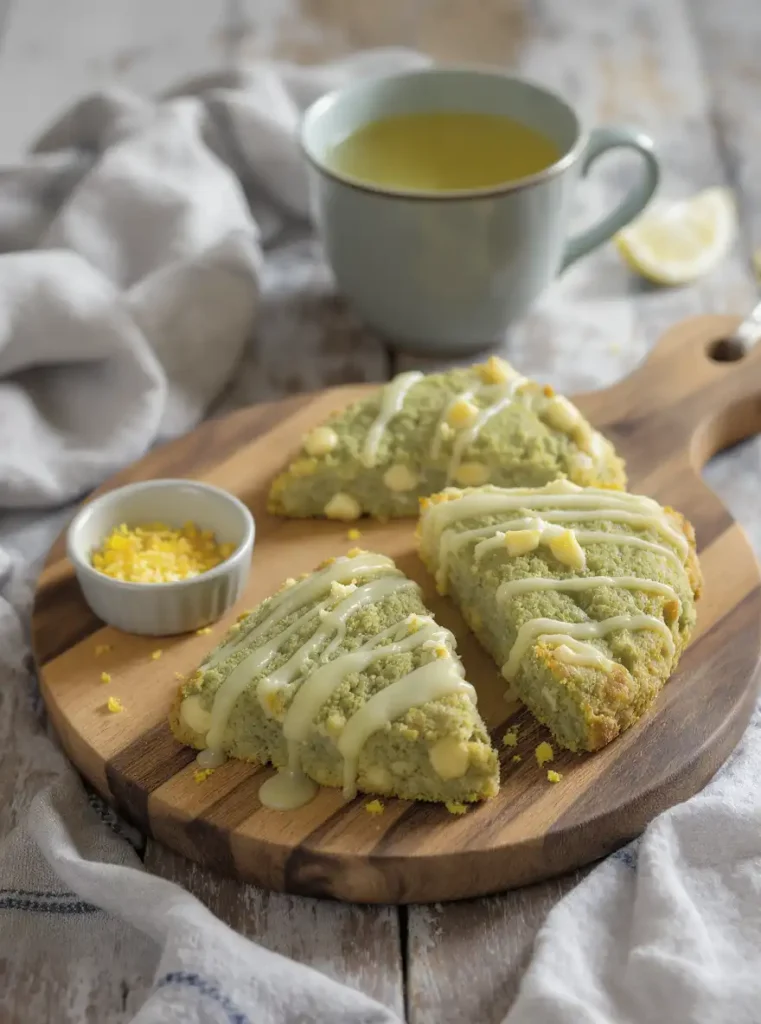 Lemon-glazed matcha scones on a wooden board served with a cup of tea