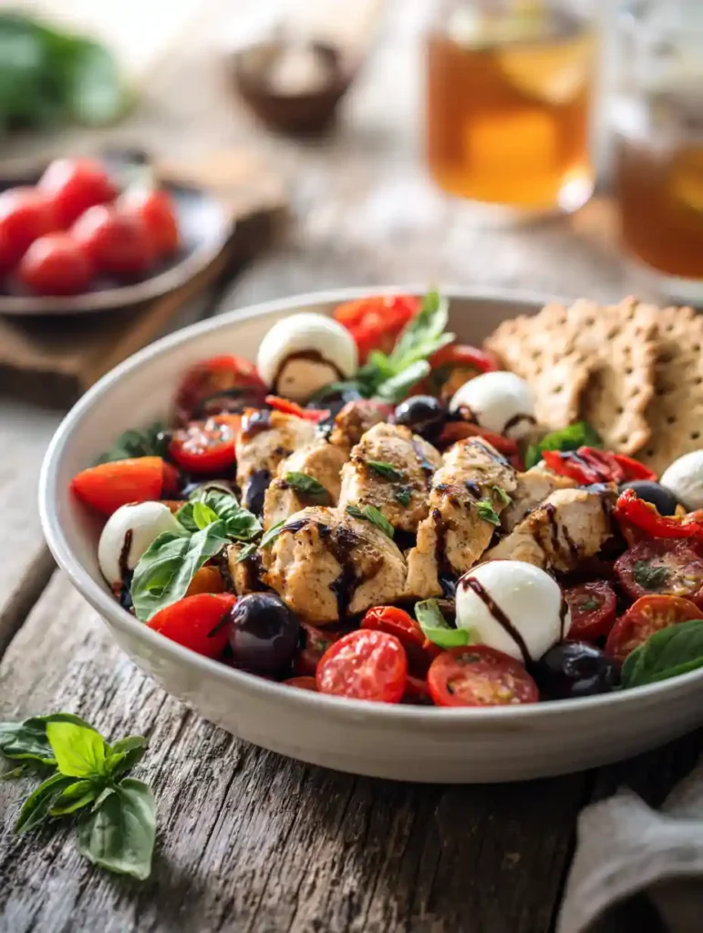 Caprese chicken salad with cherry tomatoes, olives, mozzarella, and roasted peppers.