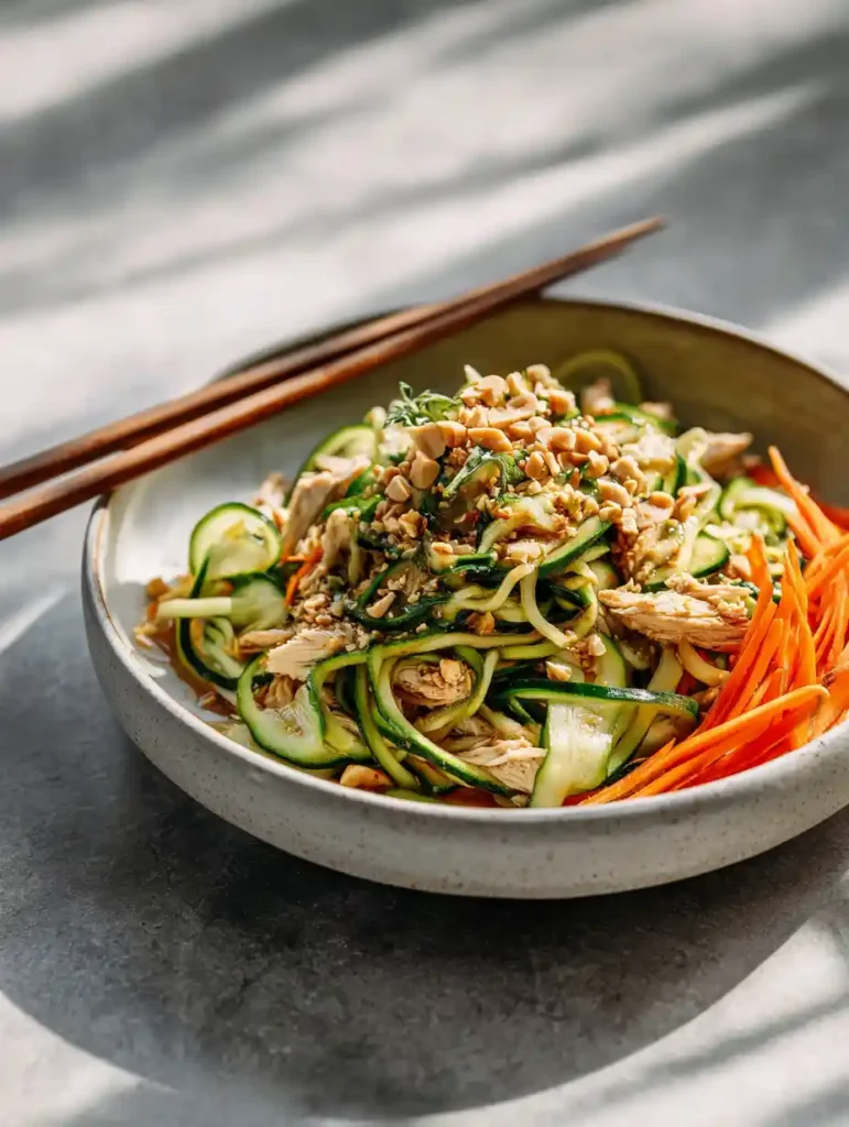 Zucchini noodles with chicken, sesame dressing, peanuts, and cucumbers in a ceramic bowl.