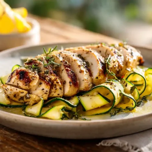Low Carb Summer Dinner breast served with sautéed zucchini ribbons on a white plate.