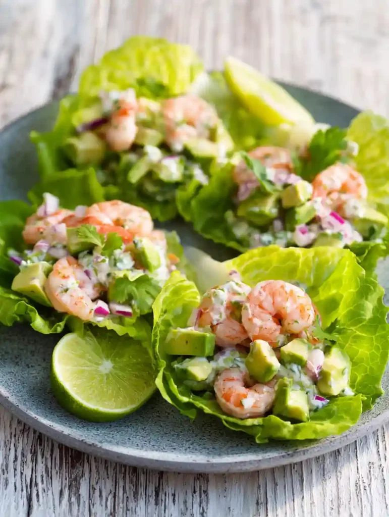 Shrimp and avocado lettuce wraps served with lime wedges on a slate plate. Low Carb Summer Dinner