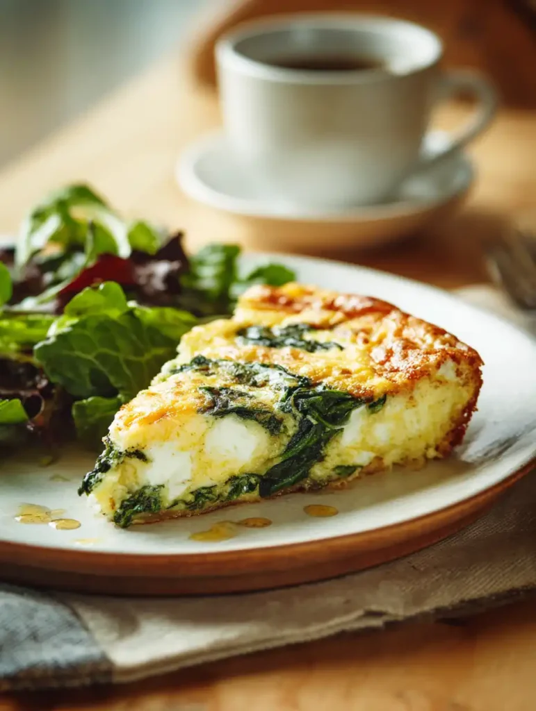 Slice of spinach and goat cheese frittata served with fresh greens.