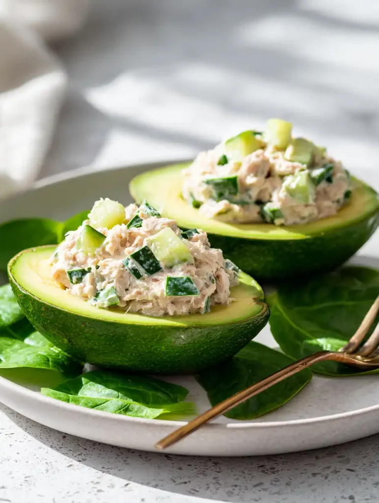 Tuna salad-stuffed avocado halves garnished with fresh greens.