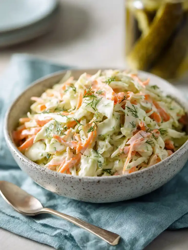 Creamy dill pickle coleslaw made with cabbage, carrots, and yogurt in a ceramic bowl.