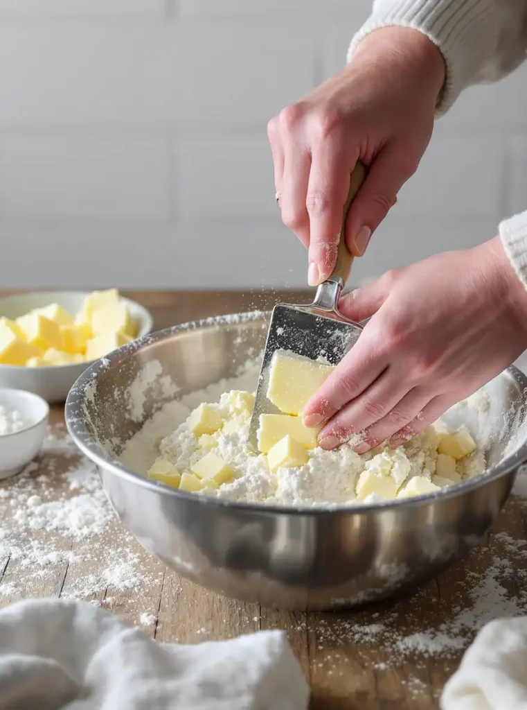 Hands cutting cold butter into flour for Irish scone dough