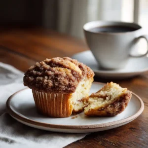 Coffee cake muffin torn open to reveal cinnamon swirl and crumb topping