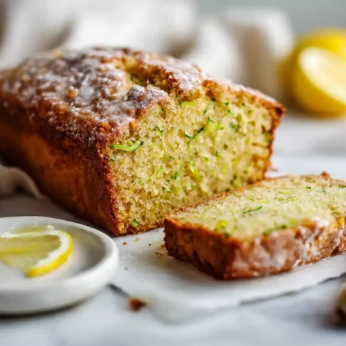Close-up of sliced lemon zucchini bread with visible zucchini flecks and lemon glaze on a marble surface