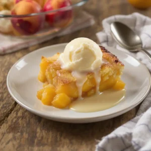 Nectarine cobbler with vanilla ice cream on a plate