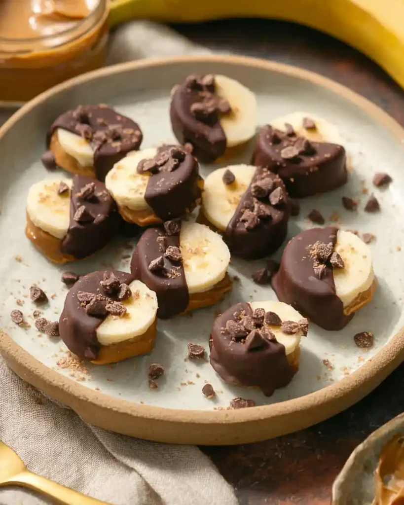 Frozen chocolate-dipped banana and peanut butter bites topped with chocolate crumbles