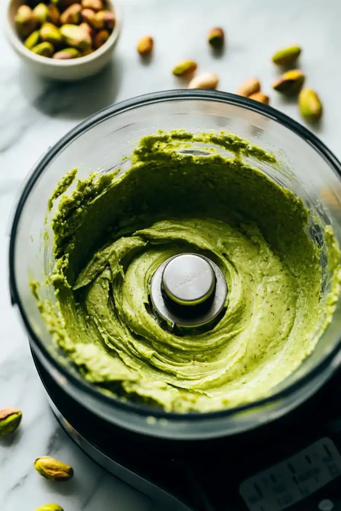 Creamy pistachio butter blending in a food processor