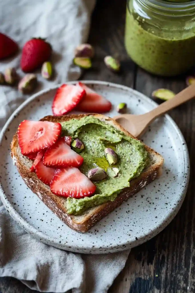 Toast topped with pistachio butter, fresh strawberries, and whole pistachios