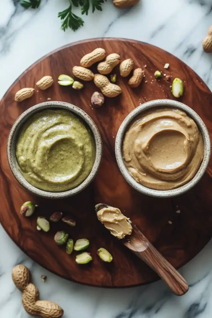 Two bowls of pistachio and peanut butter on a wooden board with scattered nuts