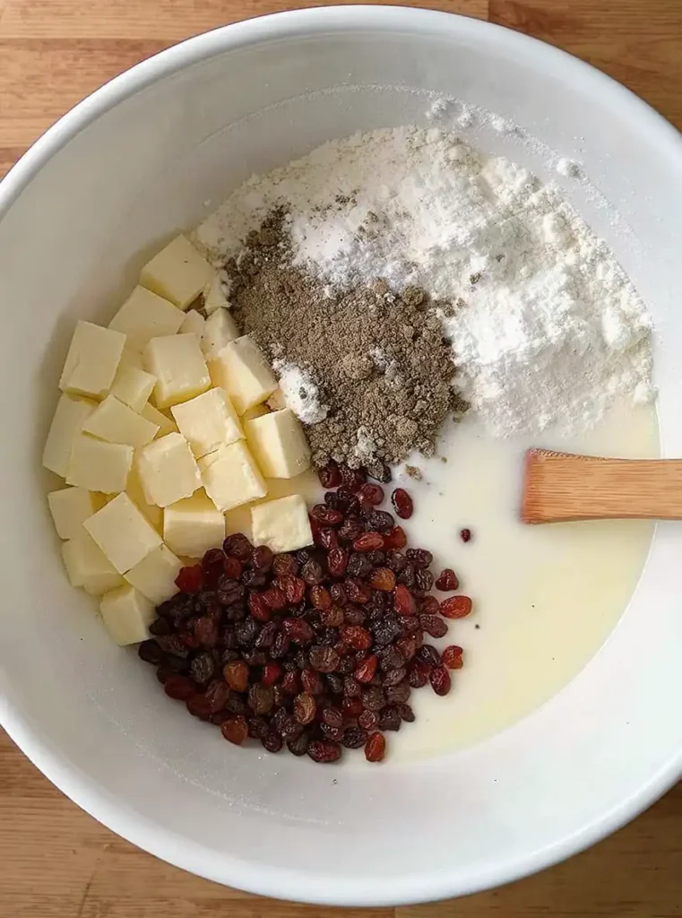 Ingredients for gluten-free Irish soda bread in a white mixing bowl, including cubed butter, raisins, flour blend, and buttermilk