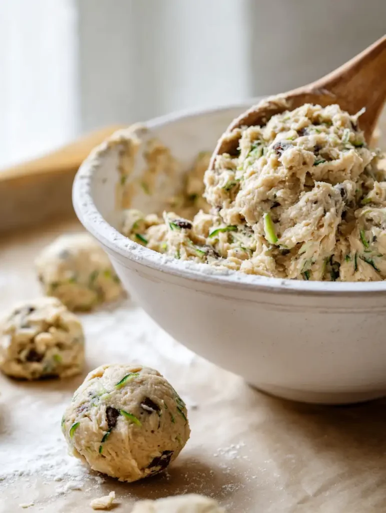 Zucchini cookie dough in a white ceramic bowl with wooden spoon and dough balls nearby