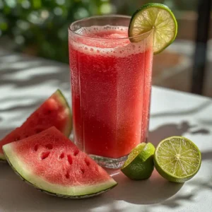 A glass of fresh watermelon juice garnished with lime, served alongside watermelon slices on a sunlit table