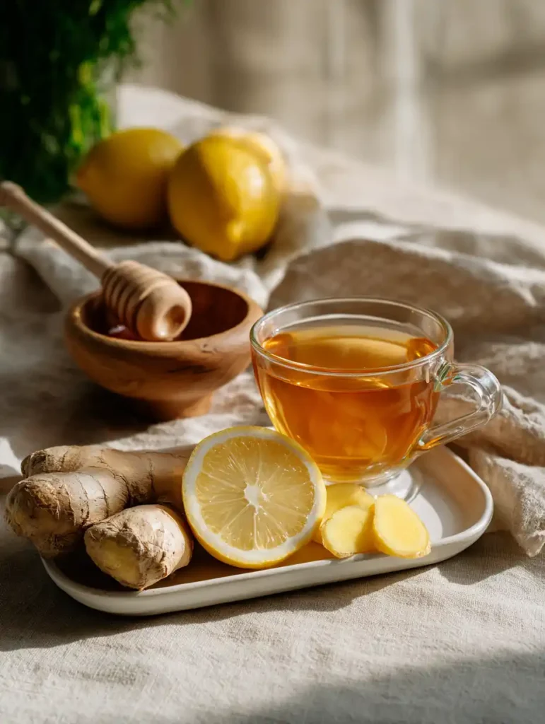 Glass teacup of tea with ginger honey lemon next to lemon slice and honey dipper