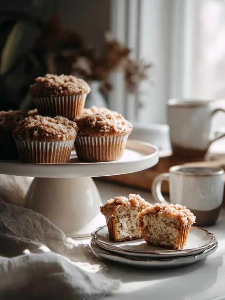 Coffee cake muffins on a cake stand by a window with soft morning light