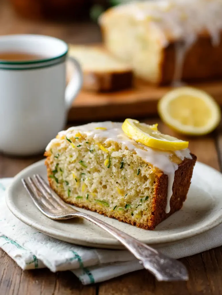 Slice of lemon zucchini bread on a ceramic plate with tea and lemon garnish