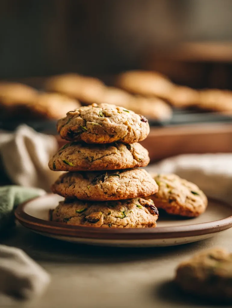 Stack of four golden zucchini cookies on a ceramic plate with blurred background