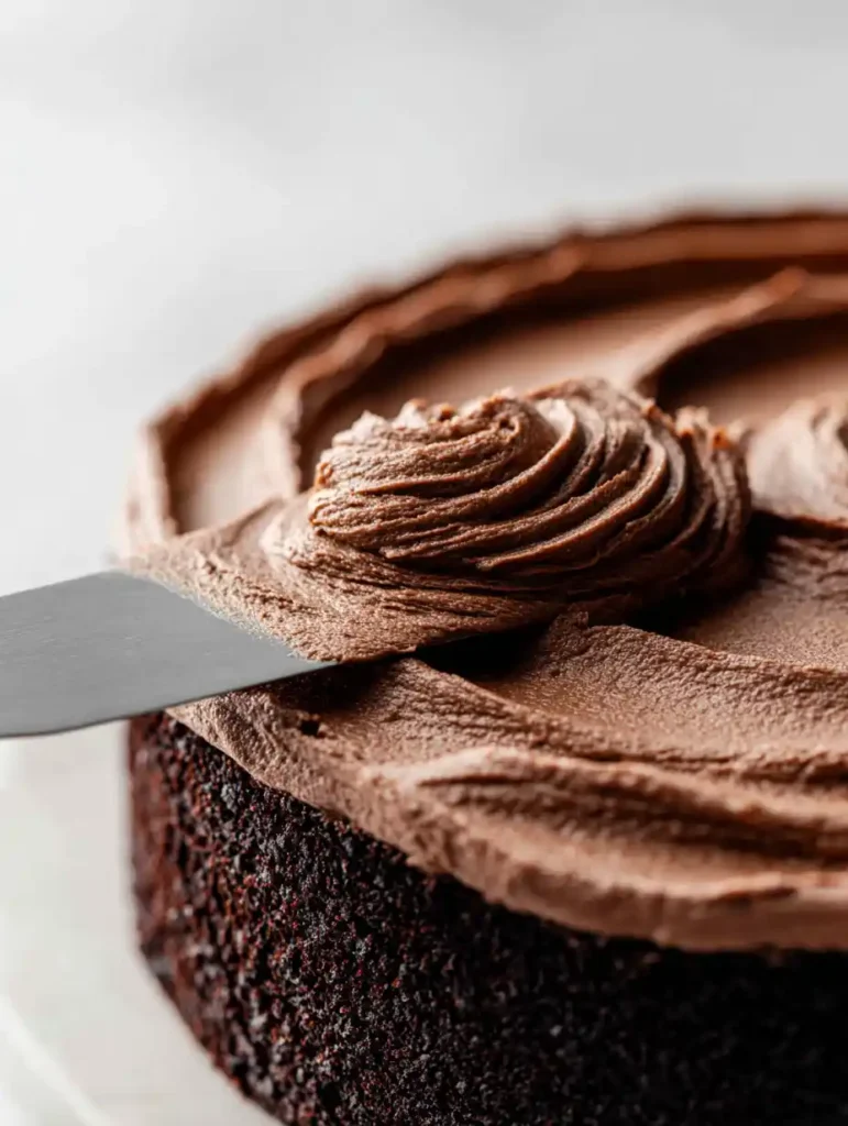 Frosting being spread over a chocolate cake with an offset spatula