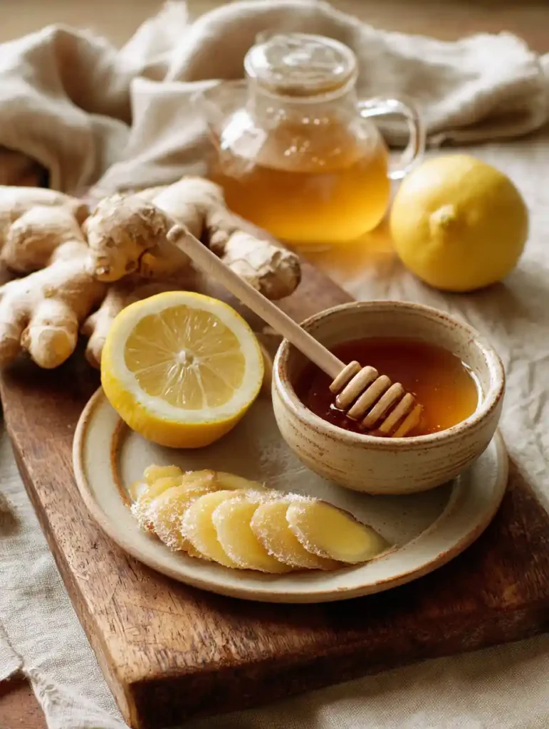 Ingredients for tea with ginger honey lemon including ginger root, lemon halves, and honey