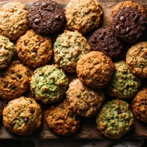 Assorted zucchini cookies styled on a wooden board in natural light