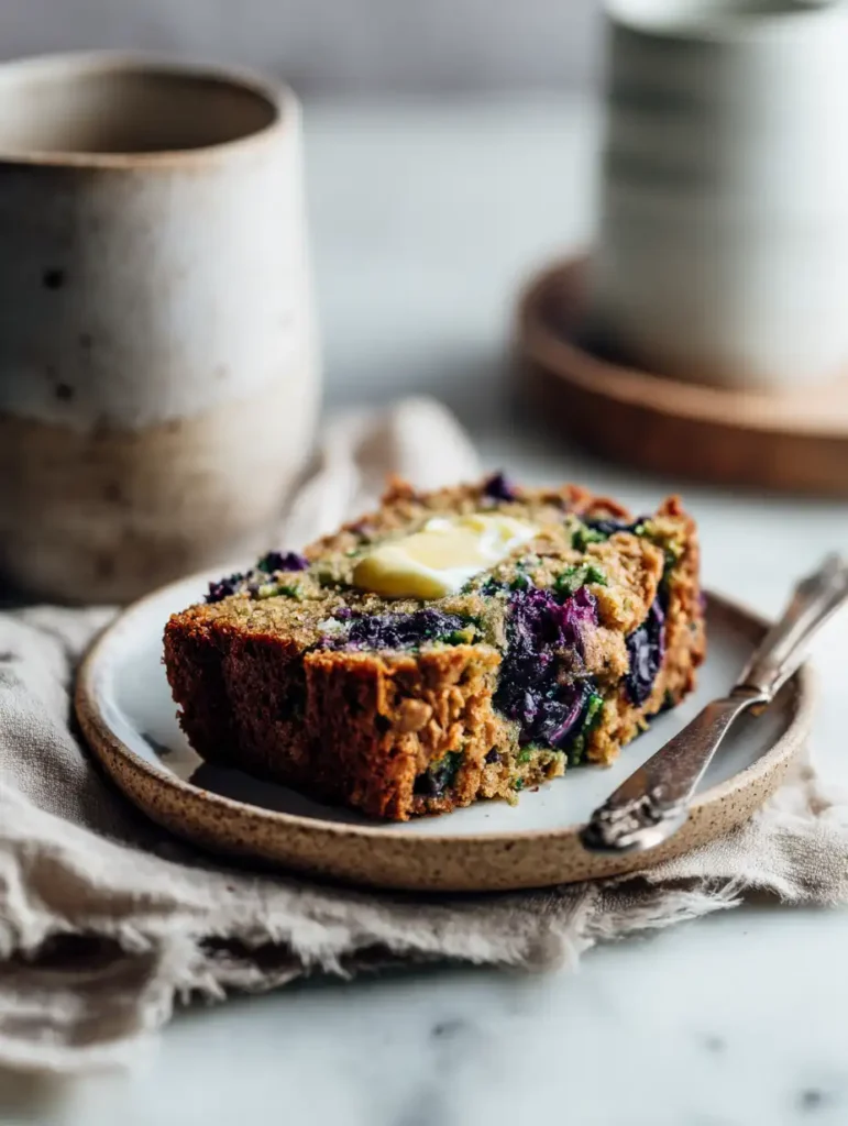 Blueberry zucchini bread slice with melted butter and ceramic mug
