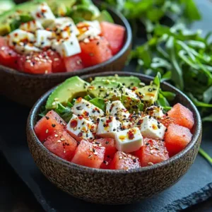 Three bowls of watermelon salad variations with avocado, arugula, and chili flake