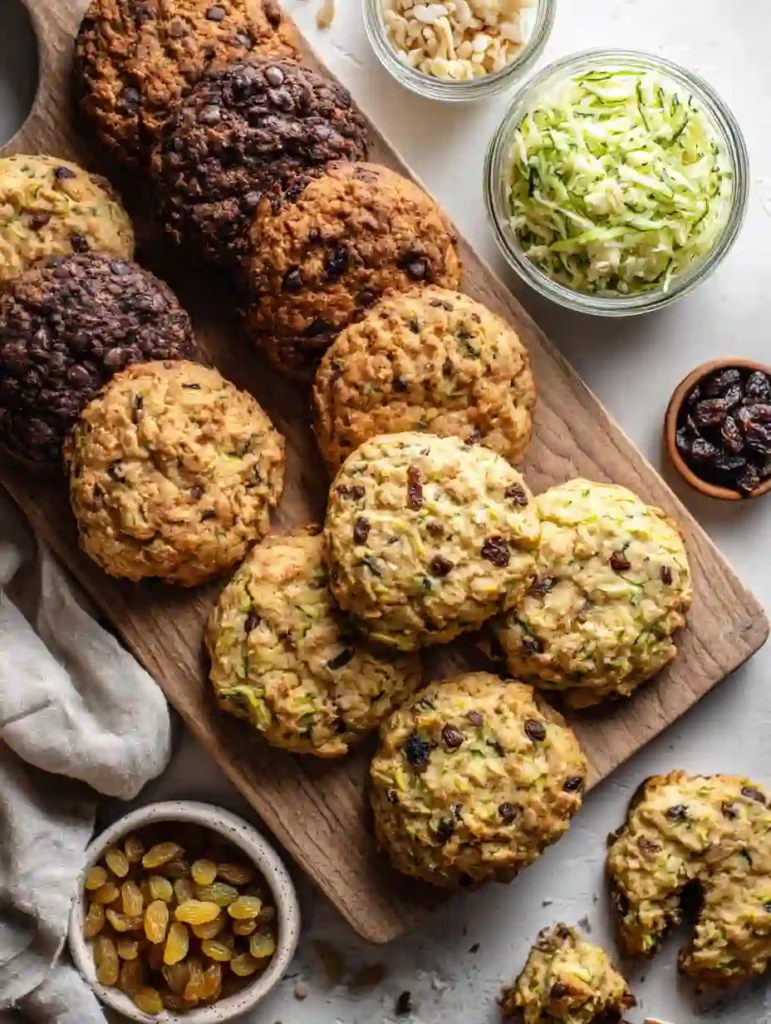 Assorted zucchini cookies with chocolate chips and raisins on wooden board