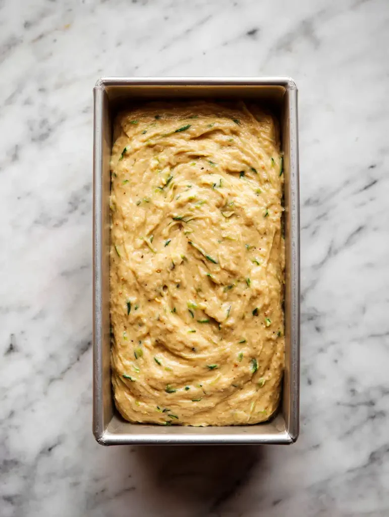 Zucchini squash cake recipe batter in a loaf pan on marble counter