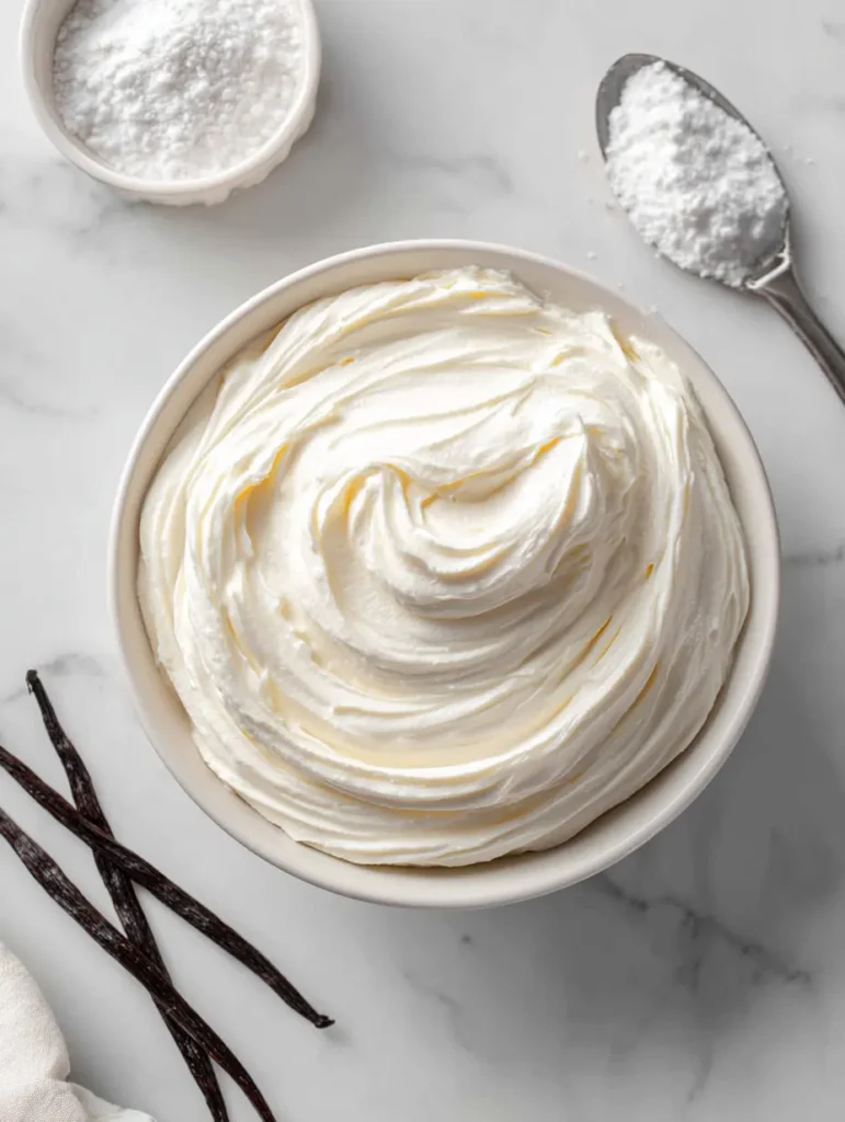 Cream cheese frosting for zucchini squash cake on marble with vanilla pods