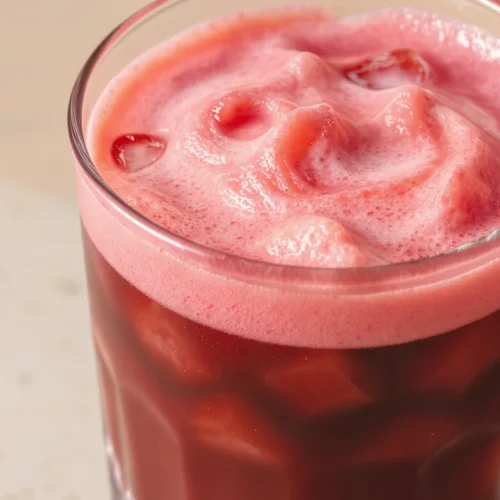 Iced cherry chai latte with cherry cold foam in a clear glass over ice