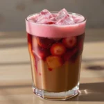 iced cherry chai latte with cherry cold foam in clear glass