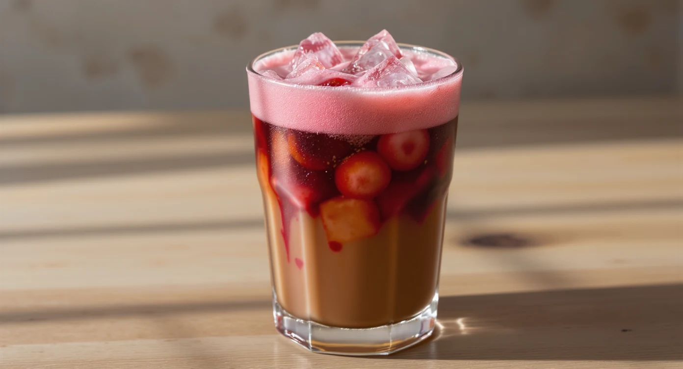 iced cherry chai latte with cherry cold foam in clear glass