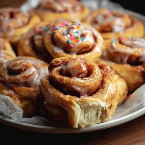 Close-up of warm birthday cookie cinnamon rolls on a plate, drizzled with icing and topped with colorful rainbow sprinkles.