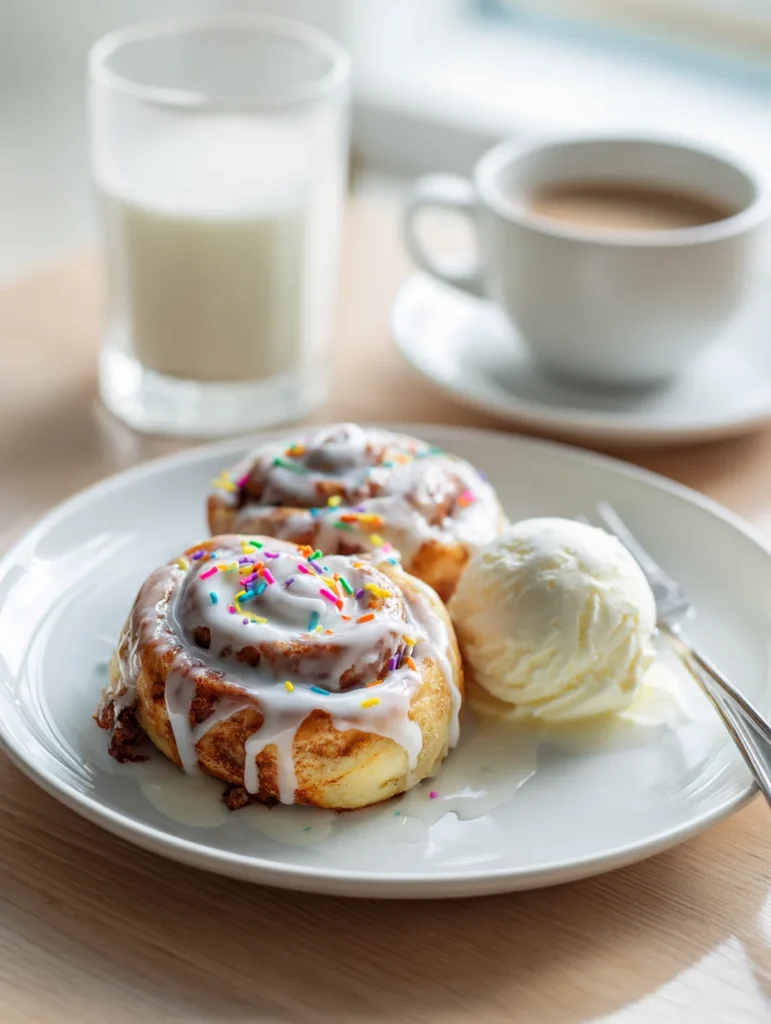 Birthday cookie cinnamon rolls served with icing, sprinkles, and a scoop of vanilla ice cream, alongside a glass of milk and a cup of coffee on a wooden table.