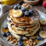 Stack of buttermilk pancakes topped with fresh banana slices, blueberries, walnuts, and powdered sugar
