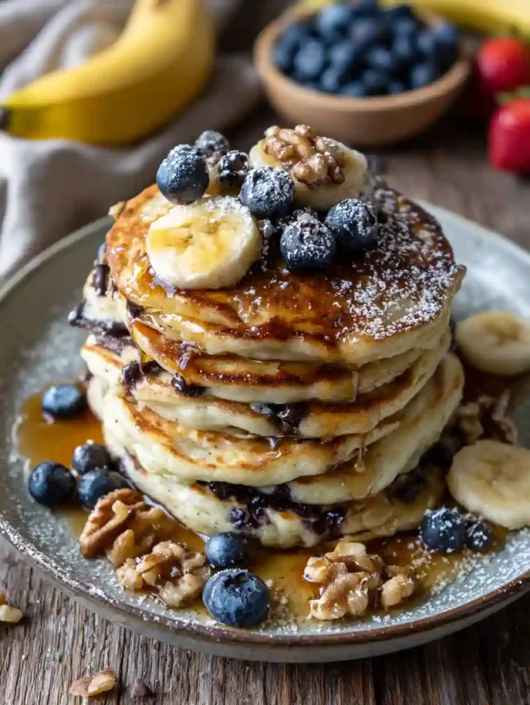 Stack of buttermilk pancakes topped with fresh banana slices, blueberries, walnuts, and powdered sugar