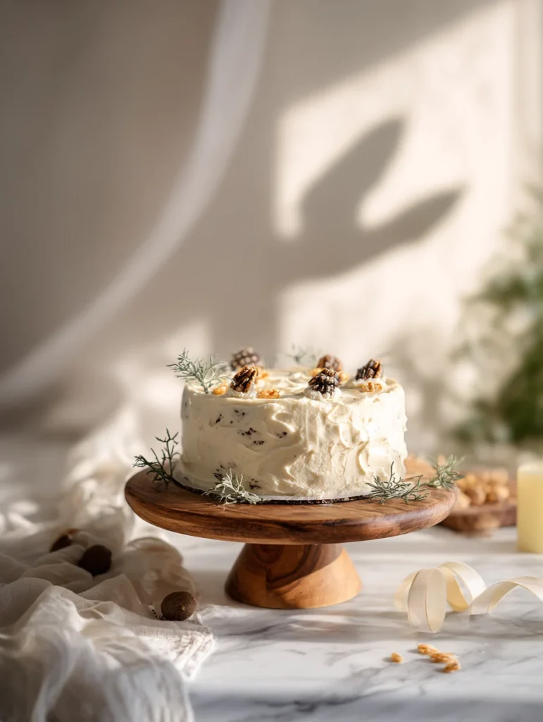 Homemade cat birthday cake on a wooden cake stand with cream cheese frosting, catnip, and nuts, with a blurred cat paw shadow in the background.