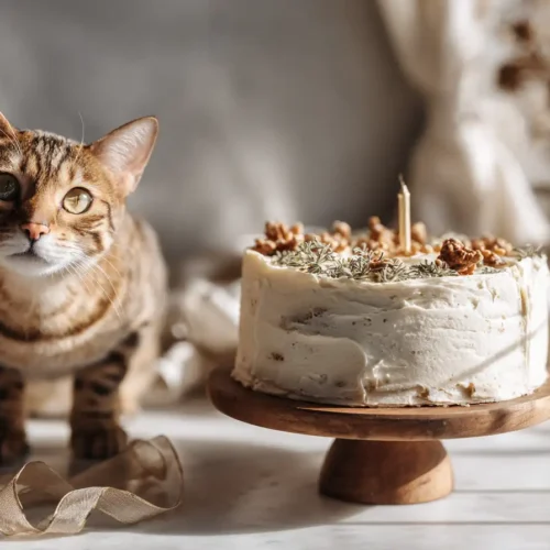 Tabby cat next to a homemade cat birthday cake on a wooden cake stand, decorated with cream cheese frosting, catnip, and a single candle on a marble counter.