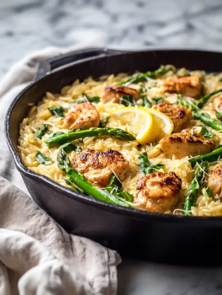 Creamy chicken orzo with asparagus and lemon slices in skillet on marble background