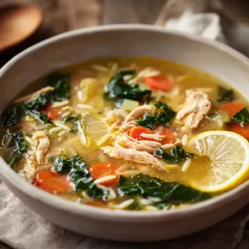 A bowl of lemon chicken orzo soup with lemon slice, kale, carrots, and shredded chicken